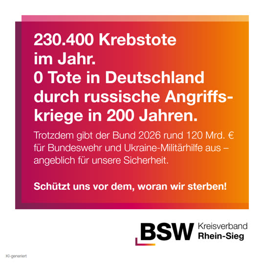230.400 Krebstote, 0 Tote durch russische Angriffskriege – und 120 Mrd. € für Aufrüstung