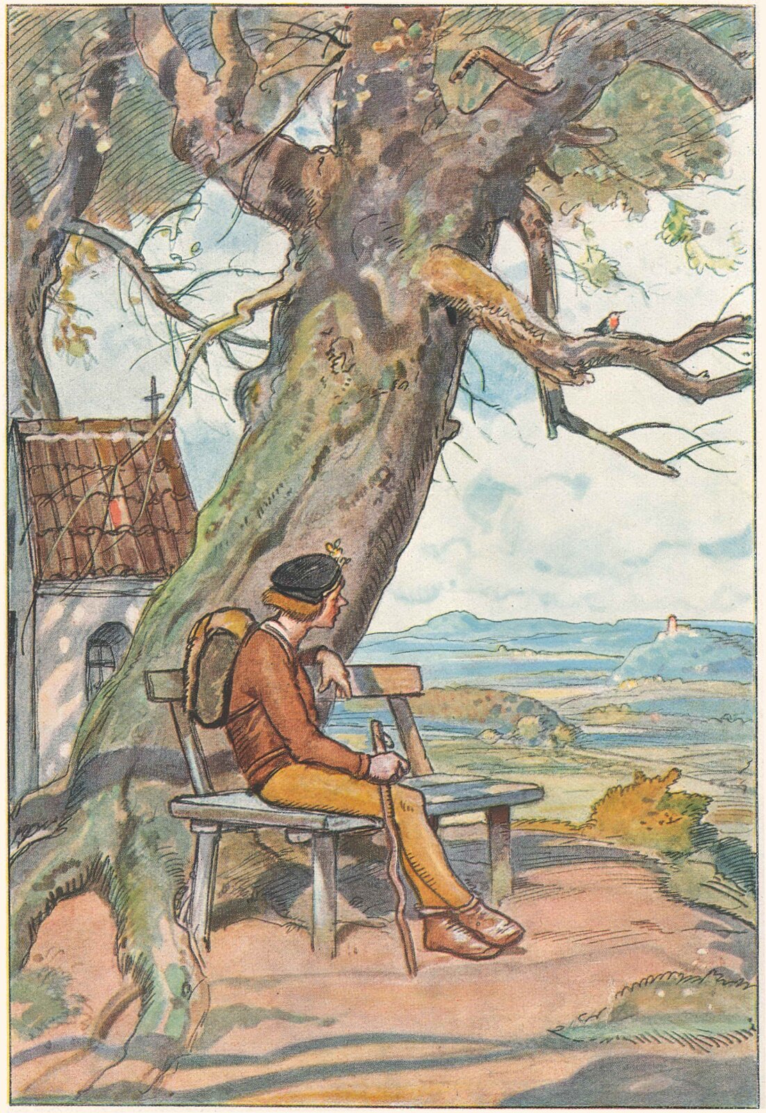 Seppe auf der Bank vor der Kapelle, farbiges Titelbild von Hermann Stockmann, 1919