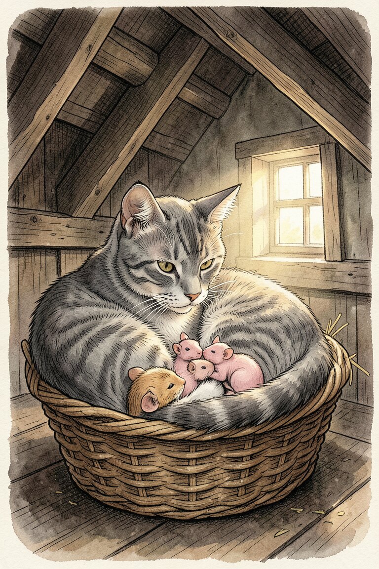 Die Katzenmutter im Heukorb · Bild: KI