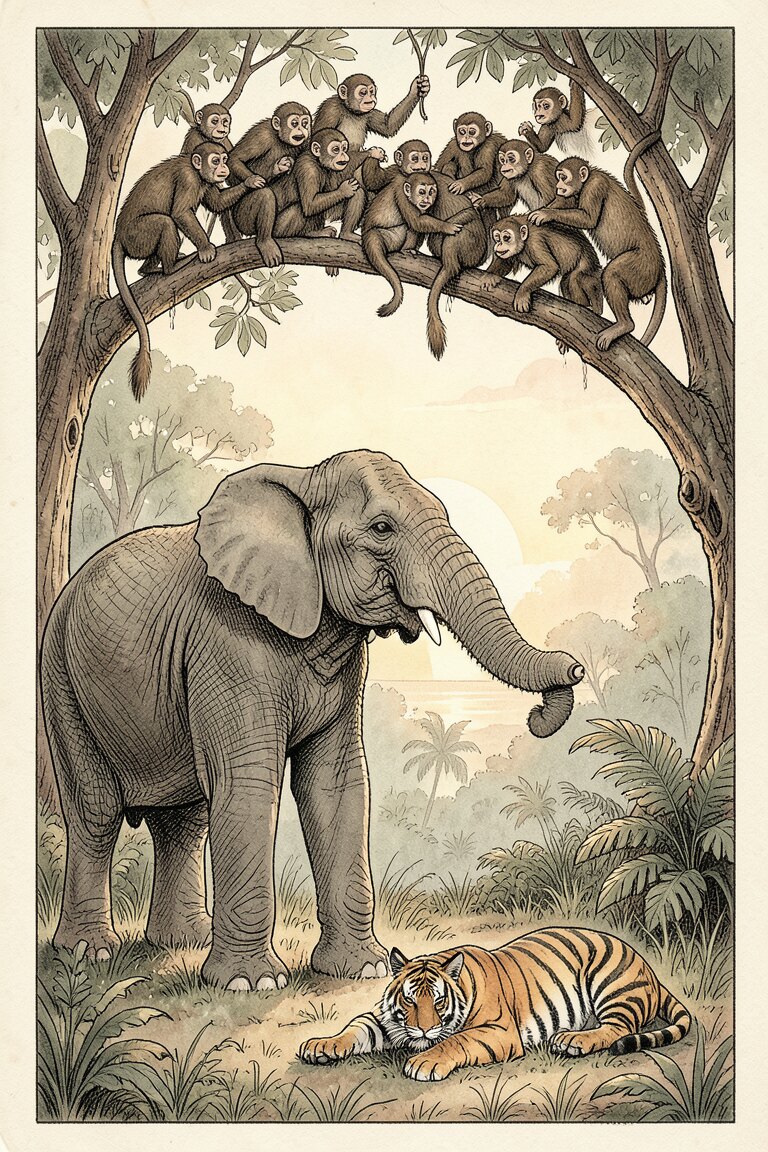 Der Elefant Nalagiri Lappenhaut und die Affenversammlung · Bild: KI