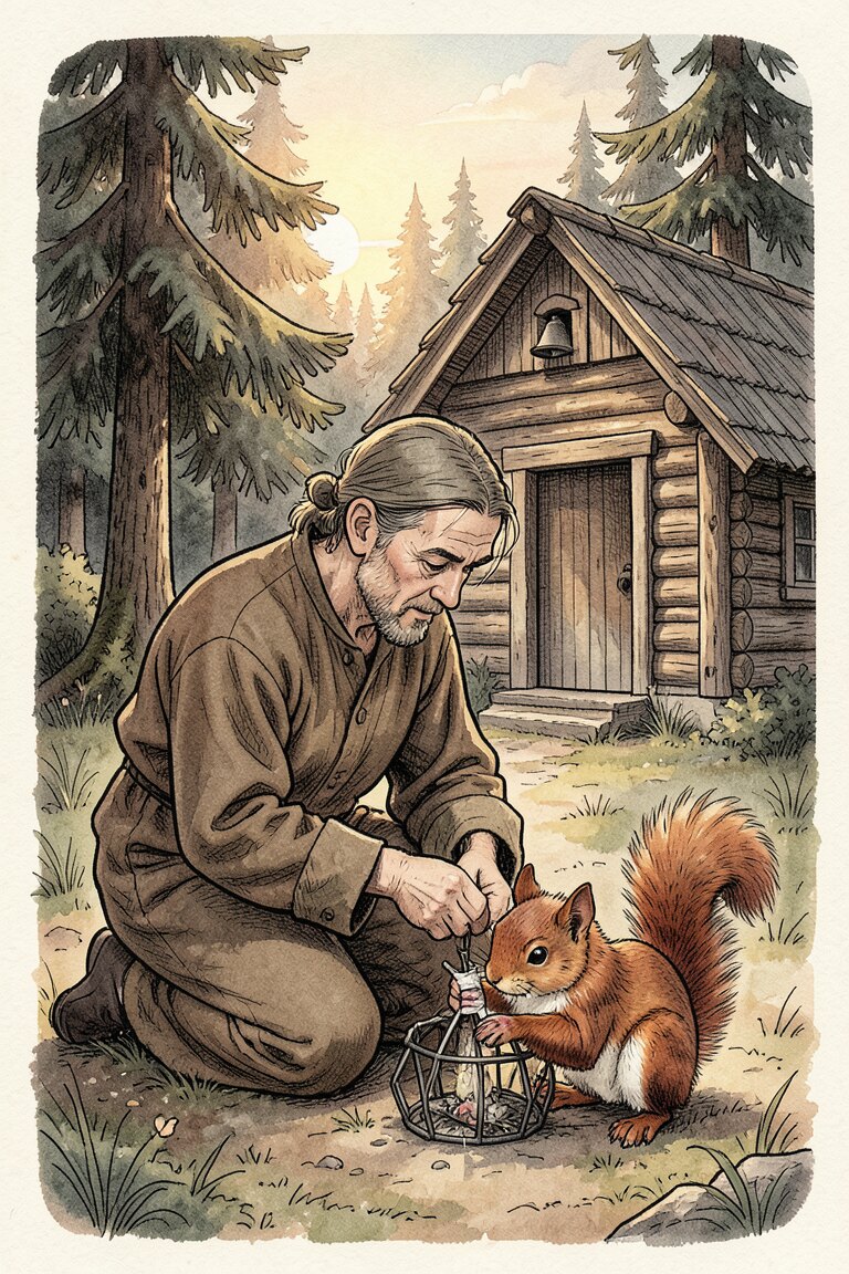 Bruder Immanuel befreit das Eichhörnchen · Bild: KI