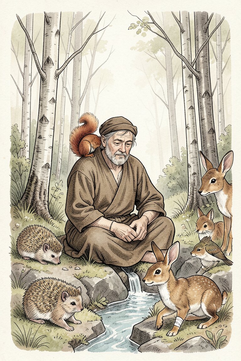 Bruder Immanuel und die Tiere des Waldes · Bild: KI