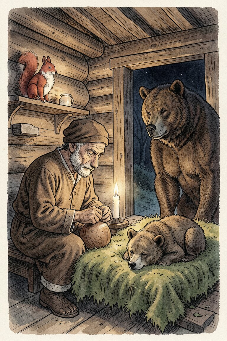 Die Bärin und ihr Kind in Bruder Immanuels Hütte · Bild: KI