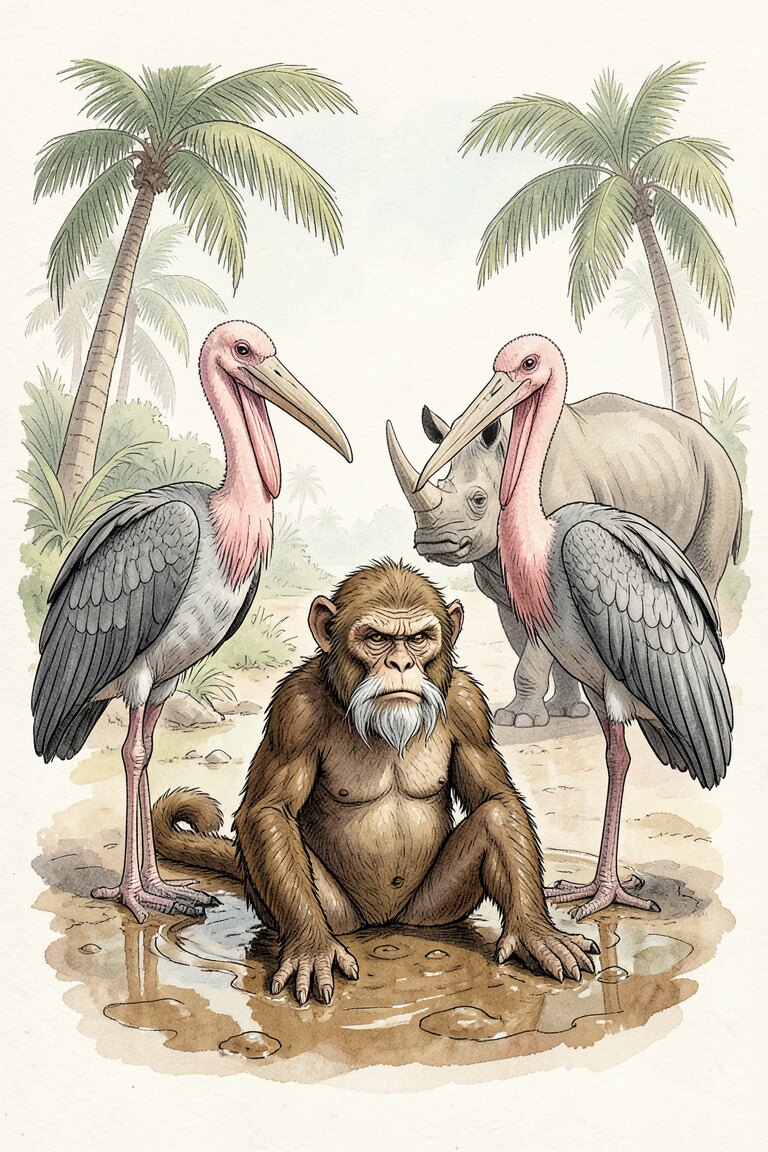 Der alte Affe im Schlammbad · Bild: KI