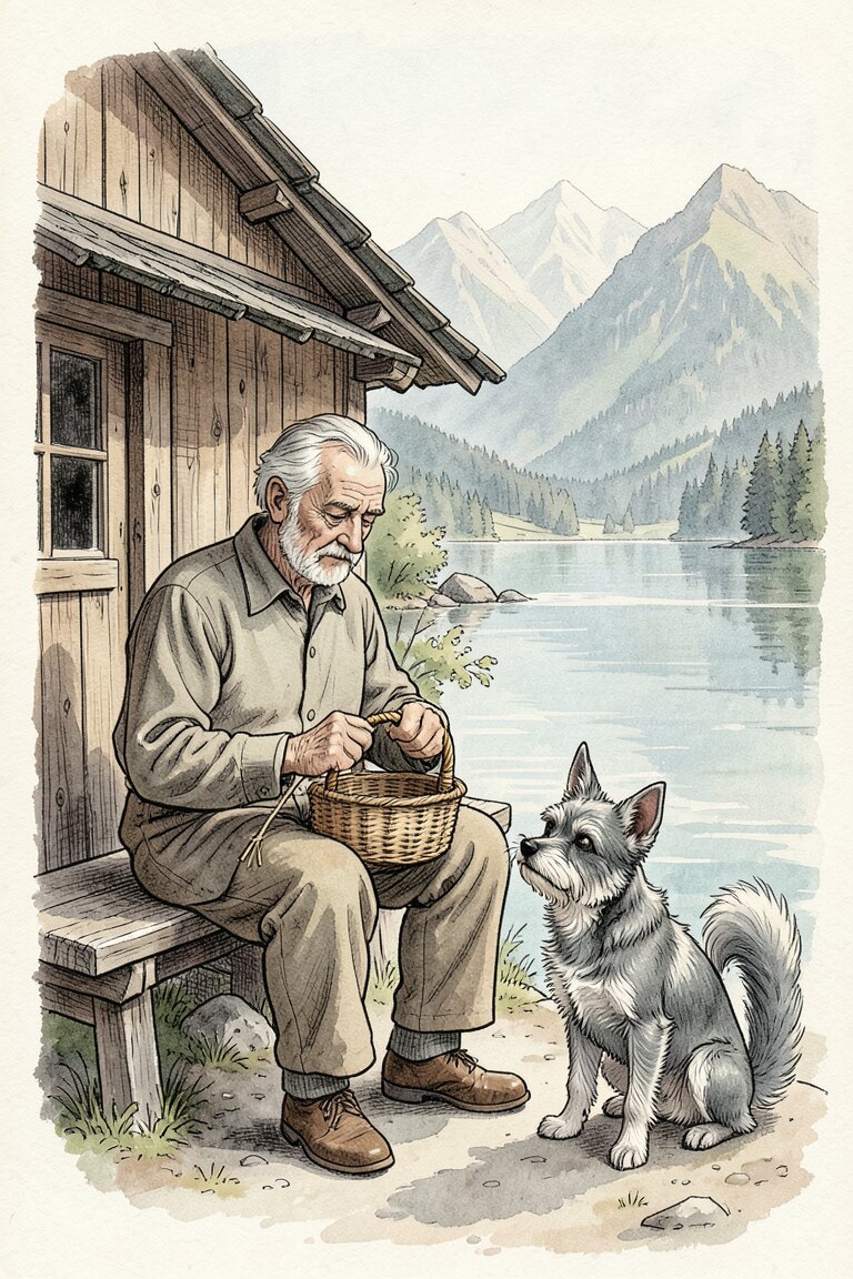 Der Korbflechter und sein Spitz am Zuger See · Bild: KI