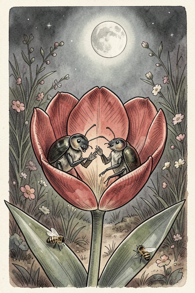 Balduin und Susummse Brummsel in der roten Tulpe · Bild: KI